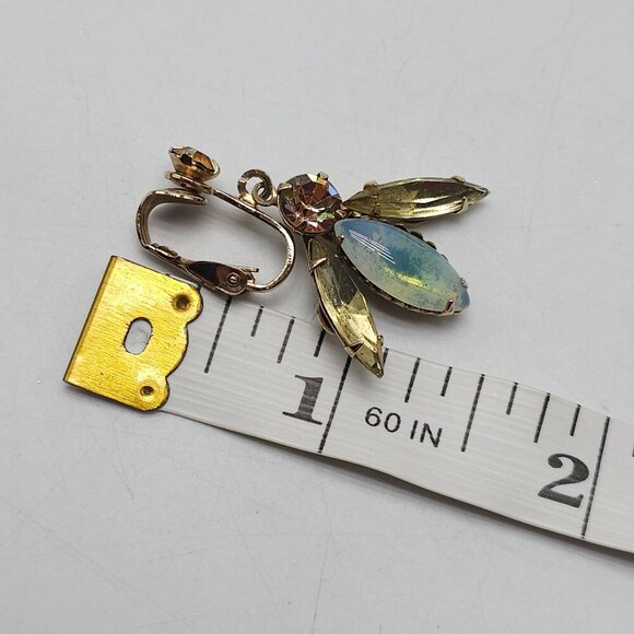 Vintage Topaz Rhinestone Opalescent Glass Clip-On Earrings Gold Tone Settings - Picture 5 of 5